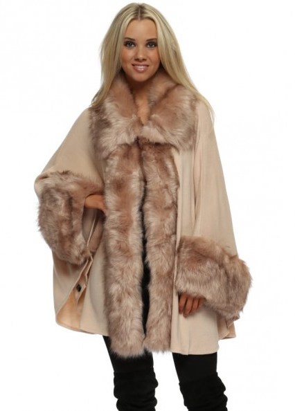 JAYLEY Luxurious Nude Pink Faux Fur Cape Coat ~ luxe style winter coats - flipped