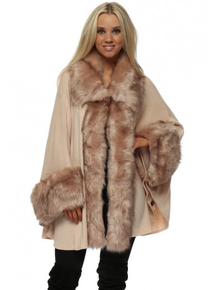 JAYLEY Luxurious Nude Pink Faux Fur Cape Coat ~ luxe style winter coats