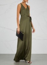 DIANE VON FURSTENBERG Olive wrap-front satin gown ~ silky green evening gowns