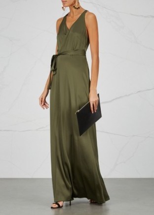 DIANE VON FURSTENBERG Olive wrap-front satin gown ~ silky green evening gowns - flipped