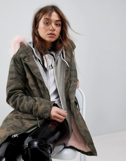 Only Camo Parka with Faux Fur Lining ~ green print coats - flipped