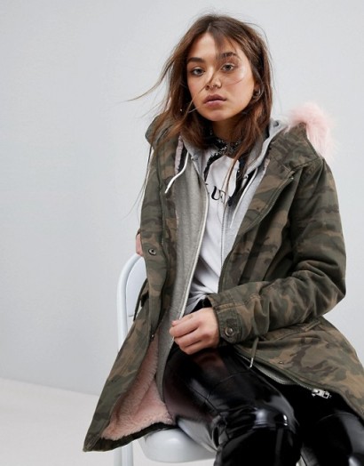 Only Camo Parka with Faux Fur Lining ~ green print coats