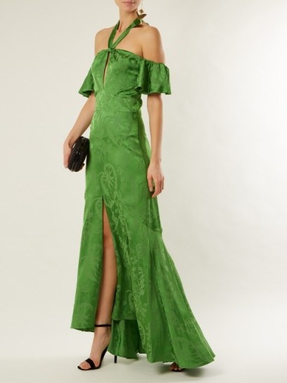 TEMPERLEY LONDON Orbit tie-neck leaf-jacquard satin gown ~ green off shoulder gowns - flipped