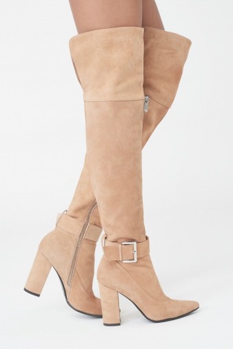 Lavish Alice Over Knee Leather Boots with Buckle ~ luxe light tan boots