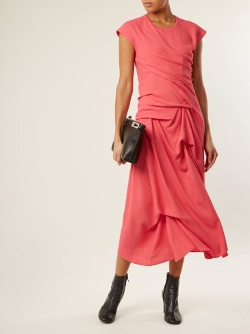 SIES MARJAN Paloma ruched crepe dress ~ draped coral-pink cap sleeve dresses - flipped