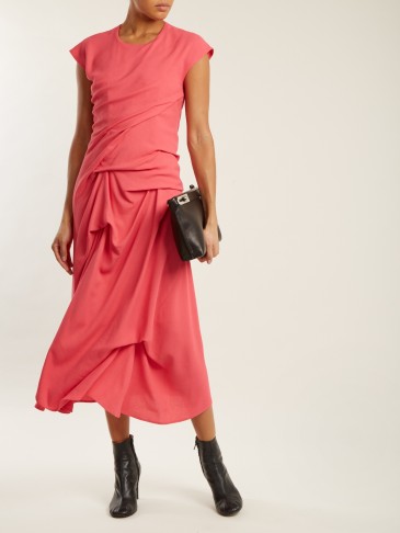 SIES MARJAN Paloma ruched crepe dress ~ draped coral-pink cap sleeve dresses
