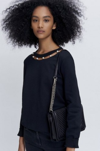 REBECCA MINKOFF PEARL NECKLINE SWEATSHIRT| black embellished sweatshirts | casual luxe - flipped