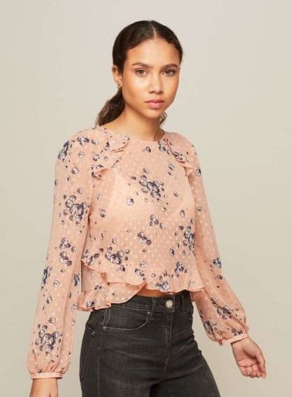 Miss Selfridge PETITE Pink Floral Print Blouse | ruffle trim blouses - flipped
