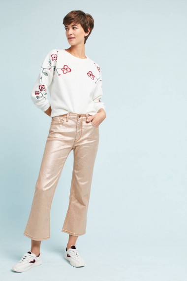 Pilcro Coated High Rise Metallic Skinny Jeans / shiny pink cropped trousers / casual / stylish