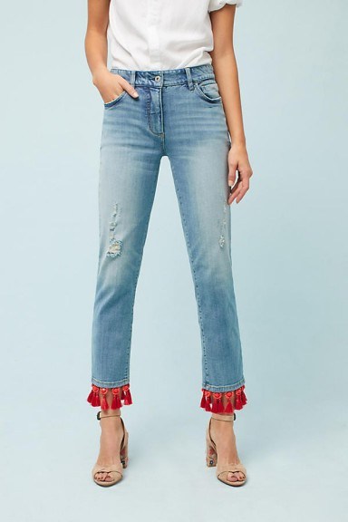 Pilcro Mid-Rise Slim Tasseled Boyfriend Jeans | red tassels | distressed denim - flipped