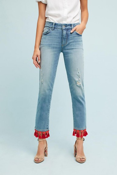 Pilcro Mid-Rise Slim Tasseled Boyfriend Jeans | red tassels | distressed denim