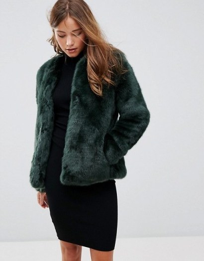Pimkie Green Collarless Faux Fur Coat - flipped