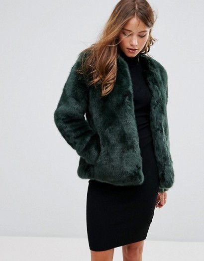 Pimkie Green Collarless Faux Fur Coat
