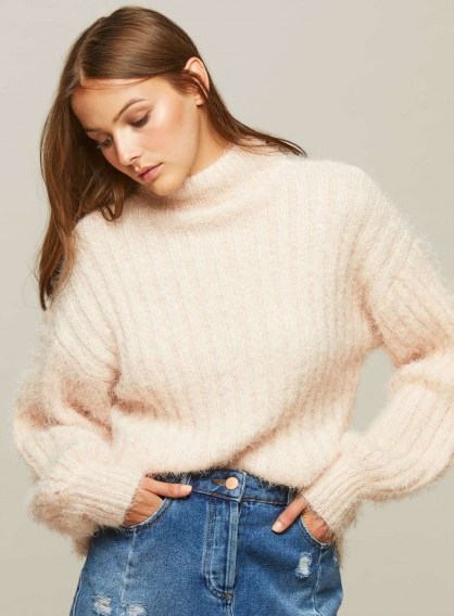 Miss Selfridge Pink Fluffy Volume Sleeve Knitted Jumper - flipped