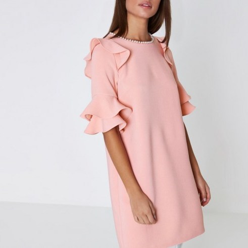 River Island Pink frill faux pearl neck swing dress – ruffle sleeve party dresses - flipped