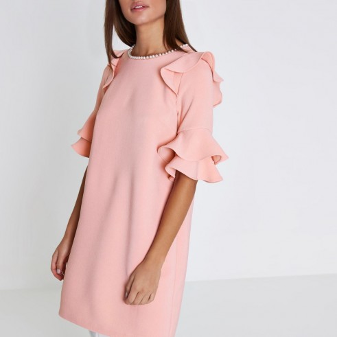 River Island Pink frill faux pearl neck swing dress – ruffle sleeve party dresses