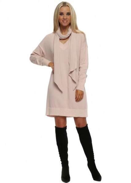 PINKA Soft Pink Knitted V Neck Jumper Dress With Scarf ~ knitted sweater dresses - flipped