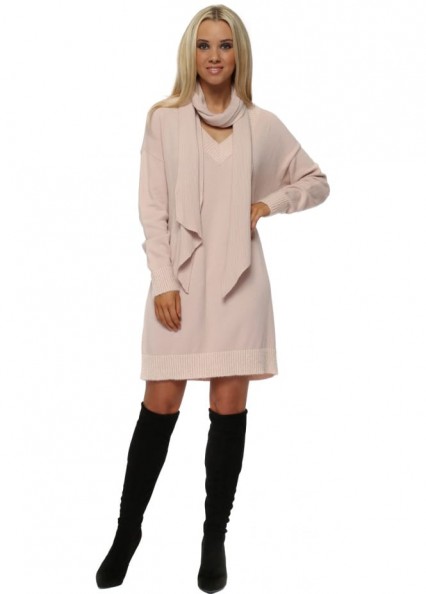 PINKA Soft Pink Knitted V Neck Jumper Dress With Scarf ~ knitted sweater dresses