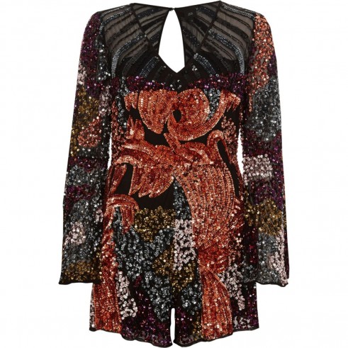 River Island Pink sequin embellished bell sleeve playsuit ~ glittering party playsuits