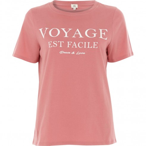 River Island Pink ‘voyage’ print fitted T-shirt – slogan t-shirts
