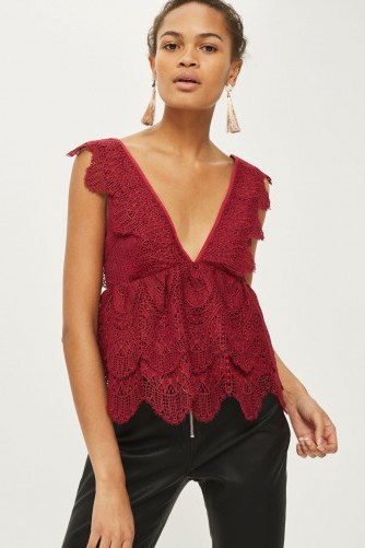TOPSHOP Plunge Lace Peplum Top ~ burgundy-red plunging neckline tops - flipped