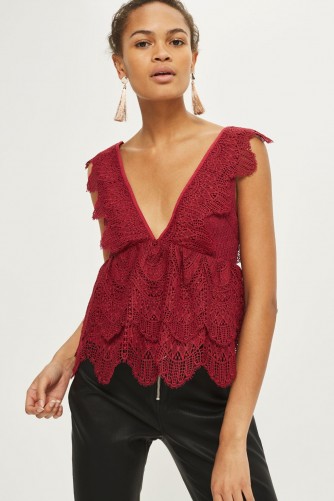 TOPSHOP Plunge Lace Peplum Top ~ burgundy-red plunging neckline tops
