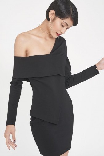Lavish Alice Ponte Asymmetric Mini Dress in Black ~ off shoulder party dresses - flipped