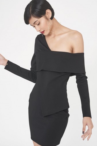 Lavish Alice Ponte Asymmetric Mini Dress in Black ~ off shoulder party dresses