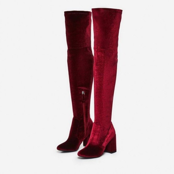 EGO Pope Flared Heel Over The Knee Long Boot In Maroon Velvet ~ red jewel tone boots - flipped