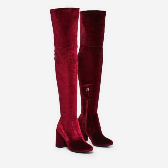 EGO Pope Flared Heel Over The Knee Long Boot In Maroon Velvet ~ red jewel tone boots
