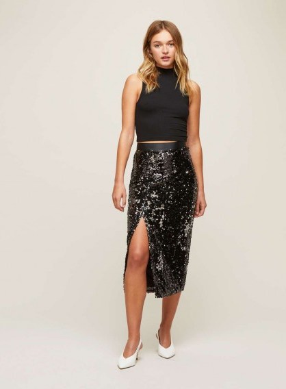 Miss Selfridge PREMIUM Black Sequin Midi Skirt / shimmering front slit skirts - flipped