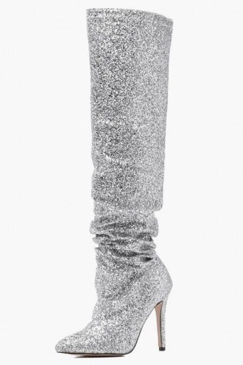 boohoo Premium Poppy Slouch Over the Knee Boot – silver glitter boots - flipped
