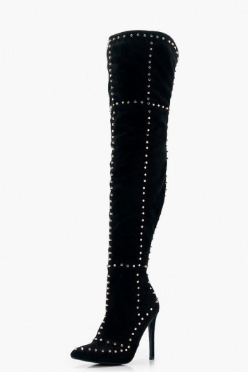 boohoo Premium Rachel Stud Detail Over the Knee Boot ~ long black studded boots - flipped