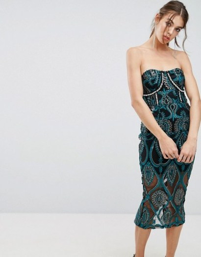 PrettyLittleThing Premium Embroidered Bandeau Midi Dress ~ strapless party dresses - flipped