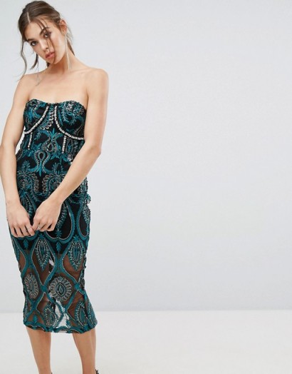 PrettyLittleThing Premium Embroidered Bandeau Midi Dress ~ strapless party dresses