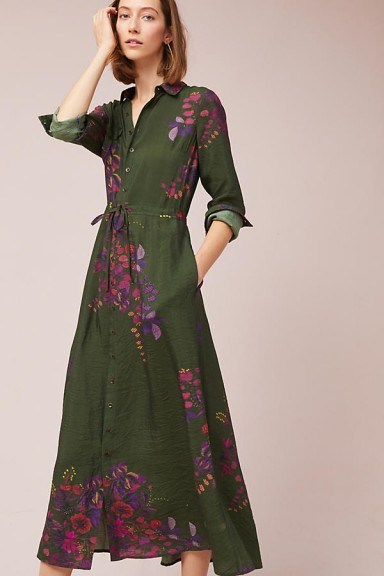 Maeve Printed Maxi Shirtdress / green floral shirt dresses - flipped