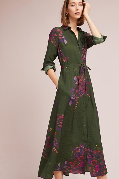 Maeve Printed Maxi Shirtdress / green floral shirt dresses