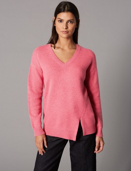 AUTOGRAPH Pure Cashmere Stepped Hem V-Neck Jumper / pink asymmetric hem jumpers ~ Marks and Spencer knitwear - flipped