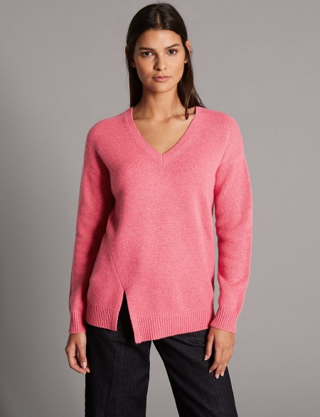 AUTOGRAPH Pure Cashmere Stepped Hem V-Neck Jumper / pink asymmetric hem jumpers ~ Marks and Spencer knitwear