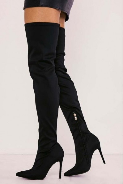 IN THE STYLE RABIA BLACK LYCRA SOCK OVER THE KNEE HEELED BOOT – long winter boots - flipped