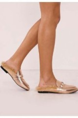 IN THE STYLE RANELL ROSE GOLD PEARL DETAIL FAUX FUR BACKLESS LOAFER ~ affordable luxe loafers ~ metallic flats
