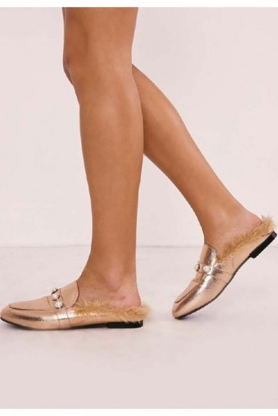 IN THE STYLE RANELL ROSE GOLD PEARL DETAIL FAUX FUR BACKLESS LOAFER ~ affordable luxe loafers ~ metallic flats - flipped