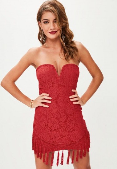 missguided red bandeau v bar plunge lace tassel dress ~ tasseled party dresses ~ going out - flipped