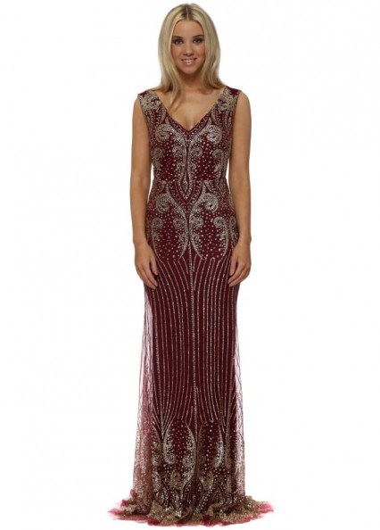 LUCY WANG Burgundy & Gold Glitter Sequins Fishtail Evening Dress ~ long dark red embellished party dresses ~ evening luxe