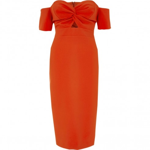River Island Red knot front bardot bodycon midi dress ~ off shoulder ...