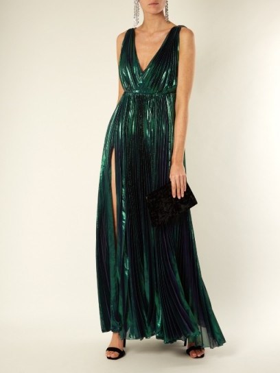 MARIA LUCIA HOHAN Reva deep V-neck pleated lamé gown ~ metallic green gowns - flipped