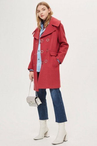 Topshop Ring Popper Cocoon Coat | raspberry coloured coats - flipped