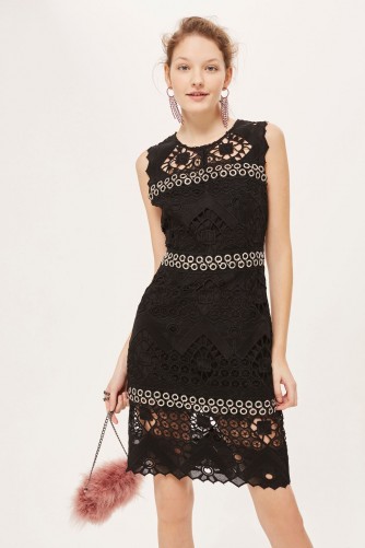 TOPSHOP Rings Geometric Lace Mini Dress – black sleeveless party dresses – lbd