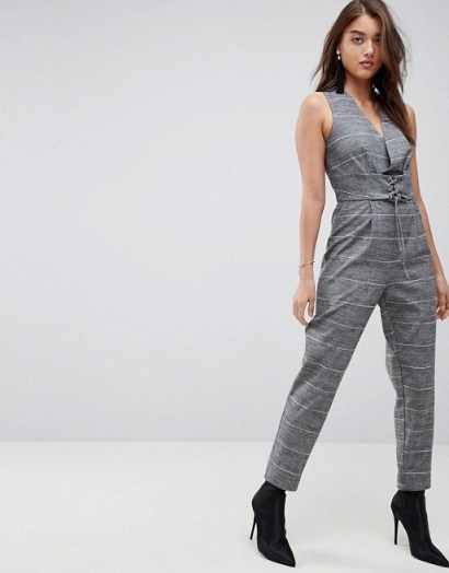 River Island Check Corset Detail Jumpsuit | grey checked jumpsuits - flipped