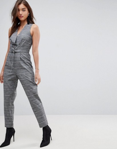 River Island Check Corset Detail Jumpsuit | grey checked jumpsuits